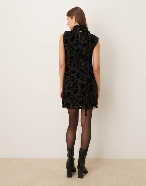 Mango high neck sleeveless mini dress with jacquard floral detail in black, 4 of 4