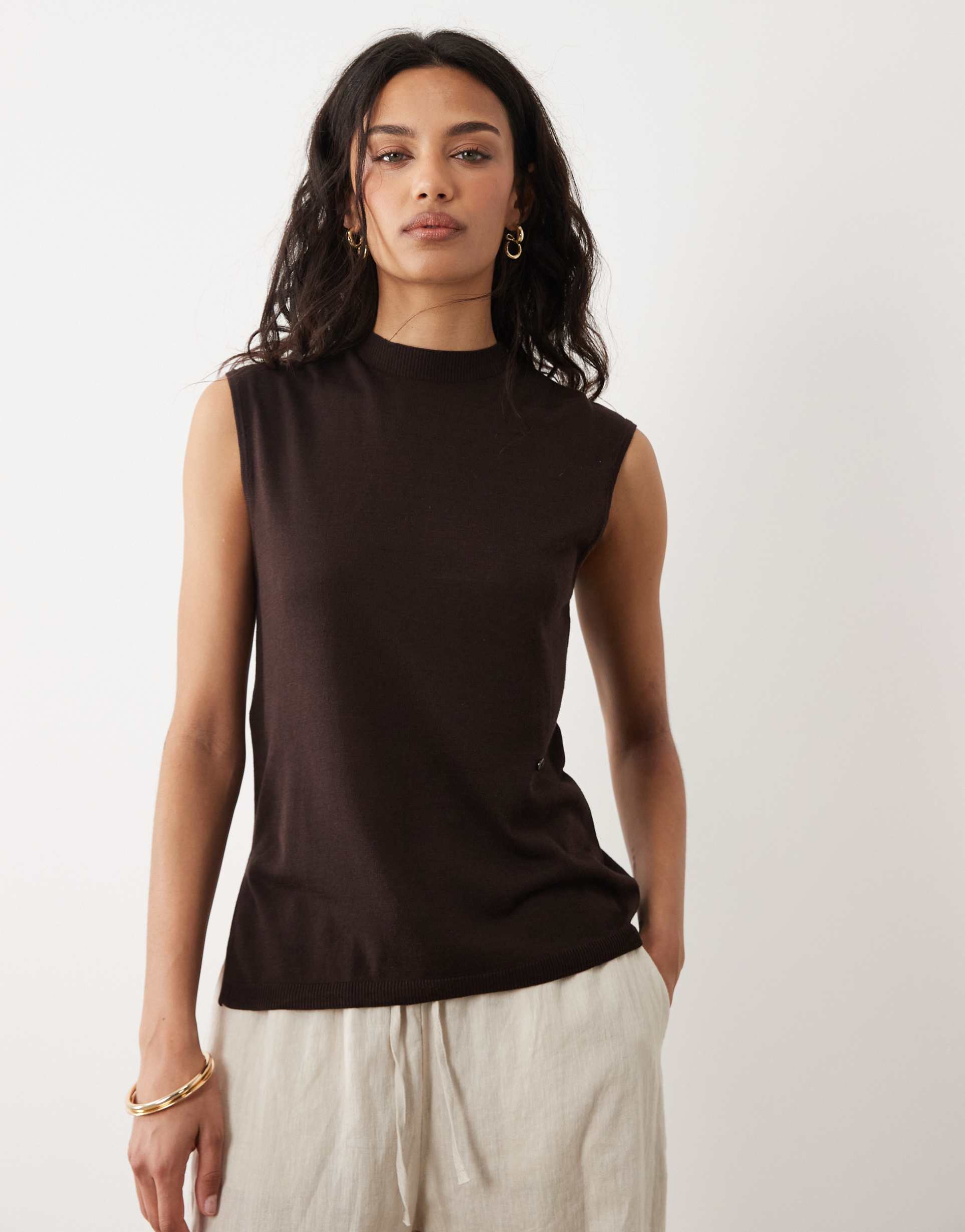 mango high neck sleeveless nipped waist top in brown