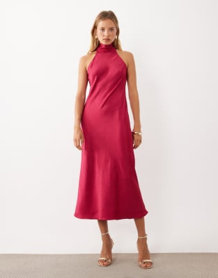 Mango High Neck Sleeveless Satin Maxi Dress In Pink