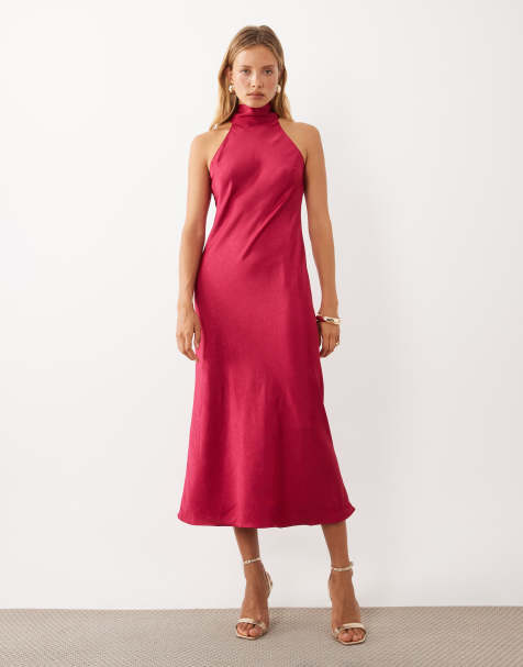 Mango high neck sleeveless satin maxi dress in deep pink - view 1