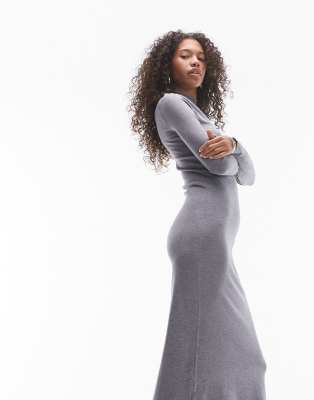 high neck split side knit maxi dress in gray