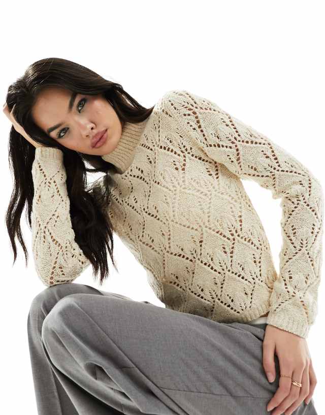 Mango - high neck stitch detail jumper in beige