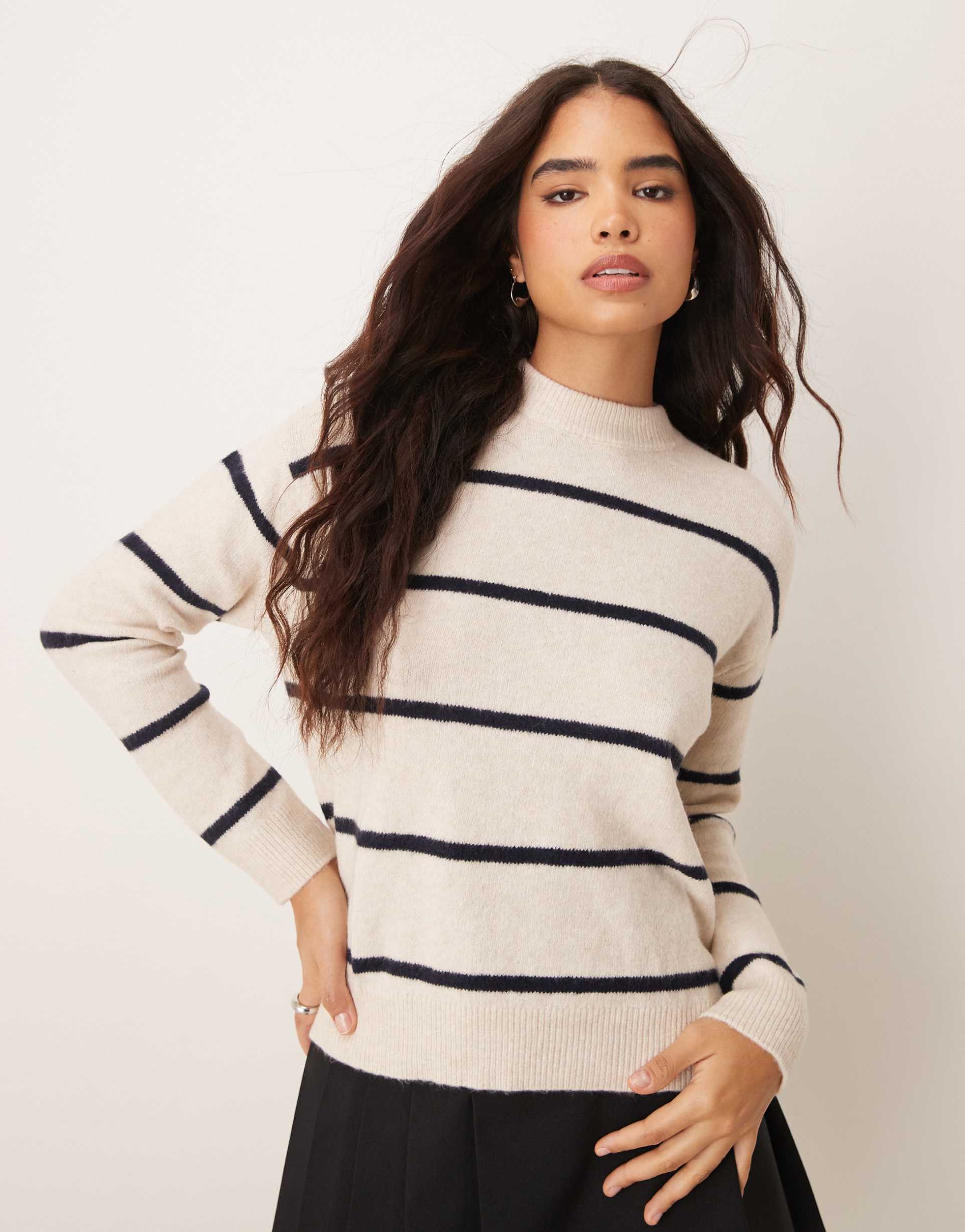 mango high neck stripe soft sweater in brown