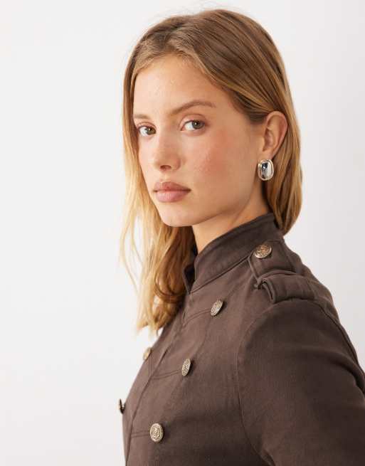 Mango high neck structured drummer jacket in brown , 2 of 4
