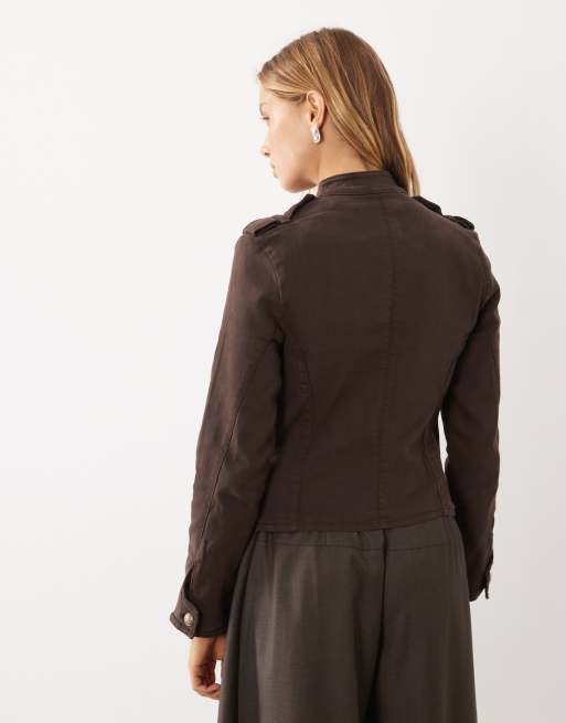 Mango high neck structured military jacket in brown , 4 of 4