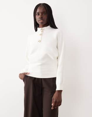 Mango High Neck Sweater With Statement Buttons In White