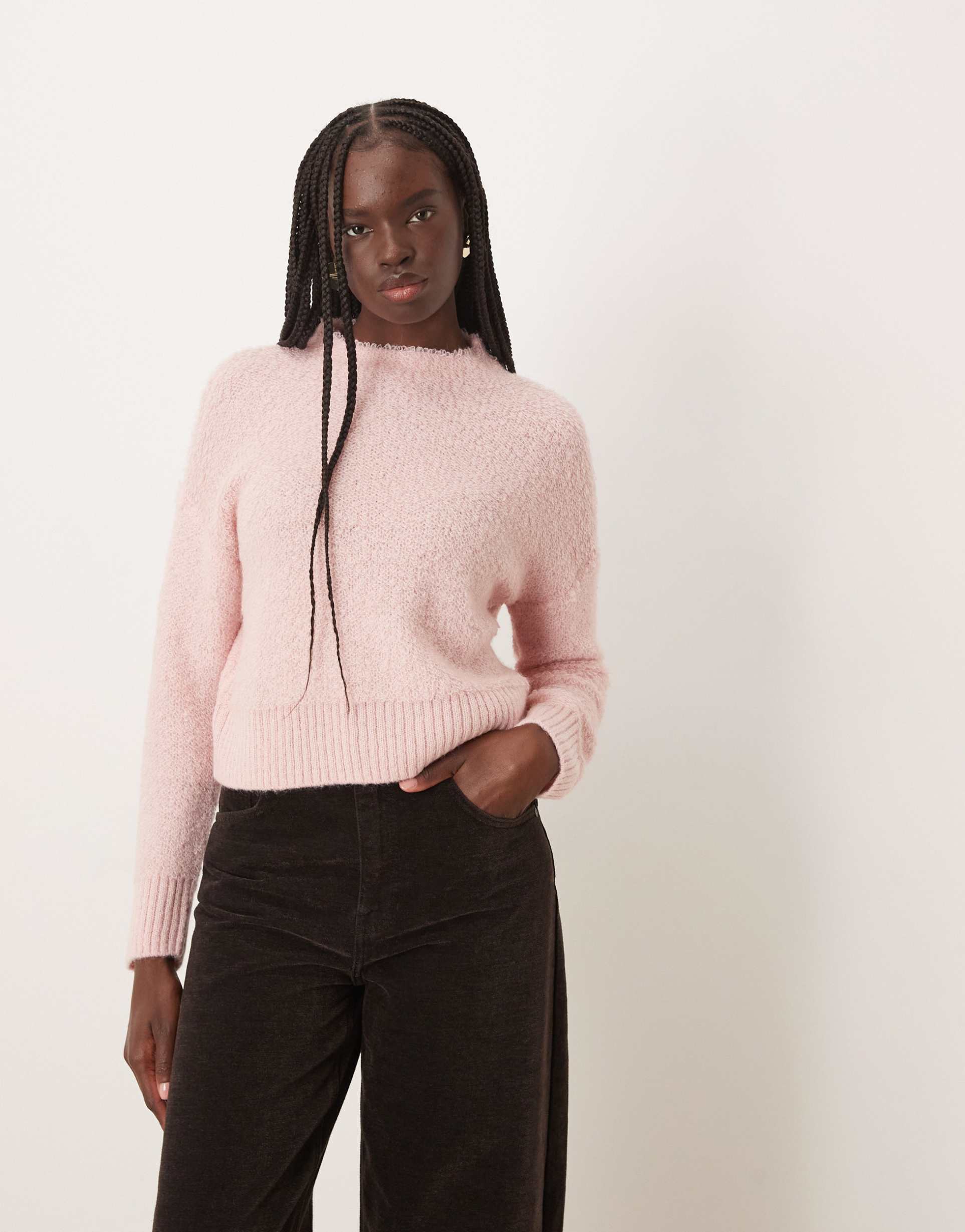 mango high neck textured sweater in pastel pink