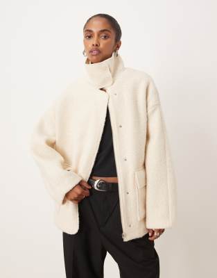 Mango High Neck Textured Utility Jacket In White
