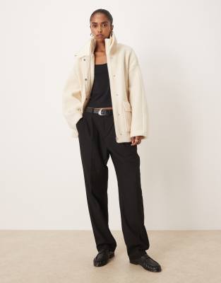 Mango High Neck Textured Utility Jacket In White