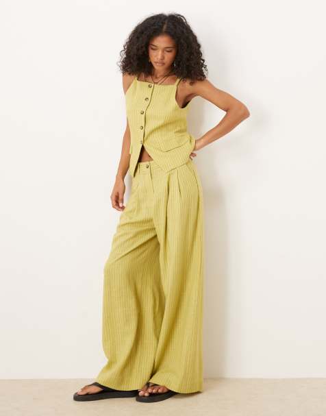 Mango high neck vest and wide leg pants set in yellow stripe - view 1