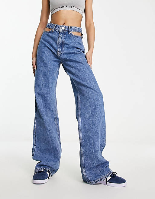 Mango high rise jeans with cut outs in mid wash blue | ASOS