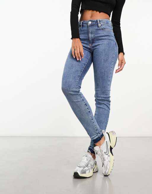 Skinny High Waist Open Hem Jeans Blue