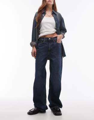 high waist straight leg jeans in medium blue wash