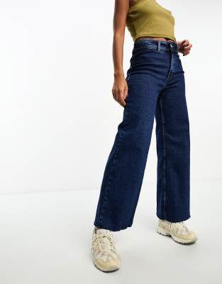 Mango Mango high waisted cropped kick flare jean in dark blue