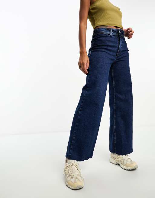 Mango high waisted cropped kick flare jean in dark blue