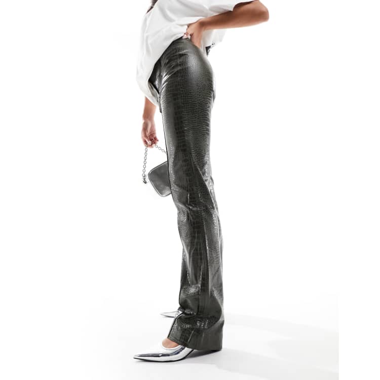 Khaki Croc Faux Leather Leggings, Bottoms