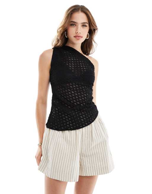 Mango - Hæklet oneshoulder-top i sort