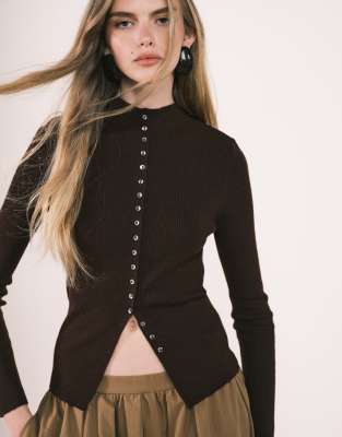 Mango - Hochgeschlossene Strickjacke in Braun-Brown