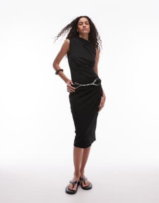 Mango - Hochgeschlossenes, ärmelloses Midikleid in Schwarz