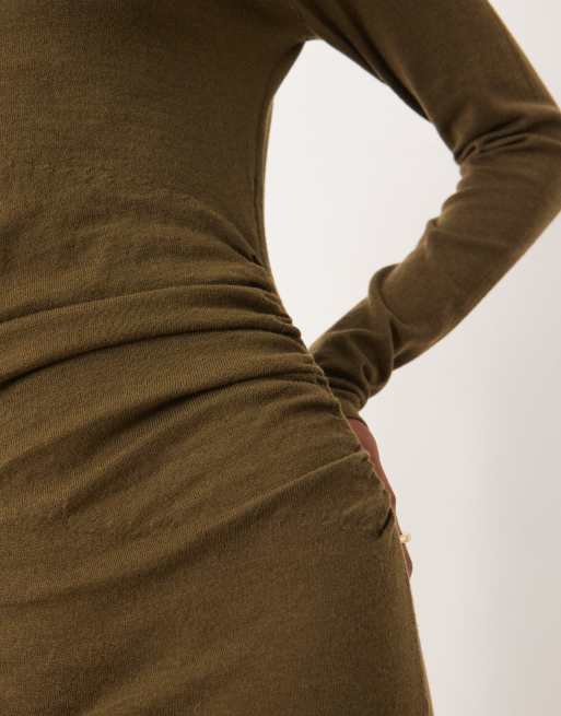 Mango – Hochgeschlossenes Maxikleid in Khaki mit geraffter Taille, 2 von 4