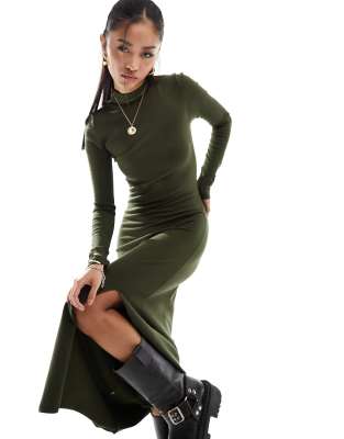 Mango - Hochgeschlossenes Midi-Strickkleid in Khaki-Grün