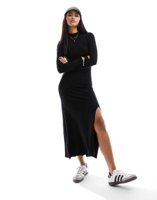 Mango – Hochgeschlossenes Midi-Strickkleid in Schwarz