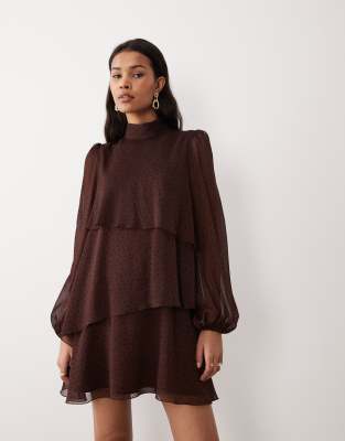 Mango - Hochgeschlossenes Minikleid in gepunktetem Braun mit Rüschendetails-Brown