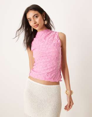 Mango - Hochgeschlossenes Top in Rosa mit schmalem Schnitt und Strukturmuster