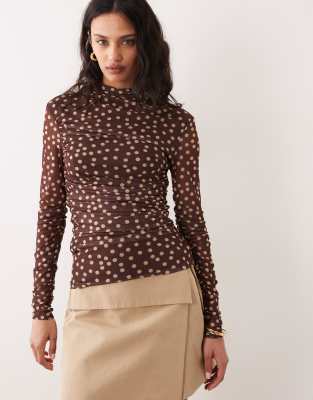 Mango - Hochgeschlossenes, transparentes, langärmliges Oberteil in Braun mit cremeweißen Polka Dots-Brown