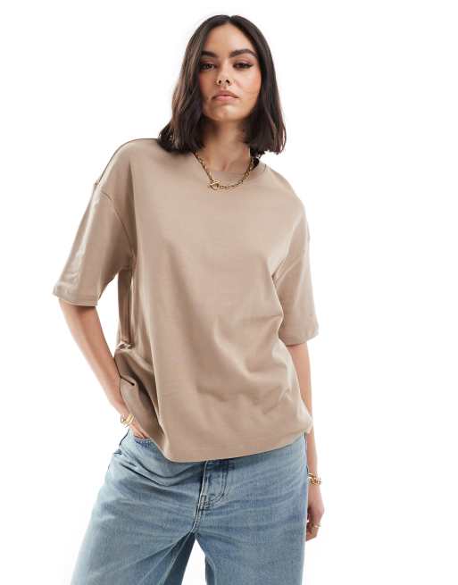 Mango – Hochwertiges T-Shirt in Beige mit kastigem Schnitt