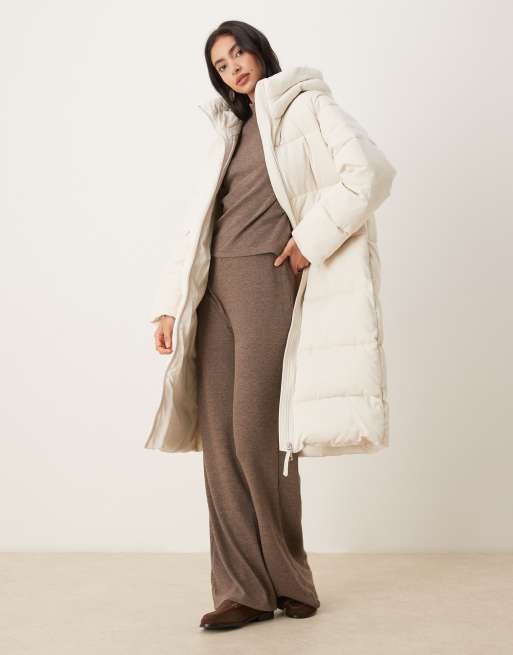Mango hooded long line puffer jacket in cream, 2 of 4