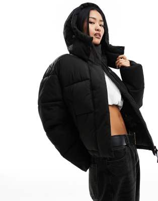 Mango hooded puffer jacket in black