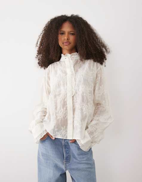 Mango - Hoogsluitende blouse met ruches en borduursels in crème - view 1