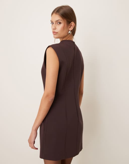 Mango - Hoogsluitende elegante mini-jurk zonder mouwen met structuur in bruin, 4 van 4