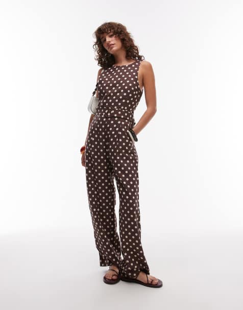 Mango - Hoogsluitende jumpsuit met rechte pijpen en stippen in bruin - view 1