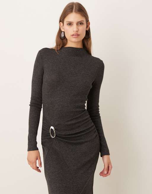 Mango - Hoogsluitende maxi-jurk met lange mouwen en gespdetail in antracietgrijs, 2 van 4