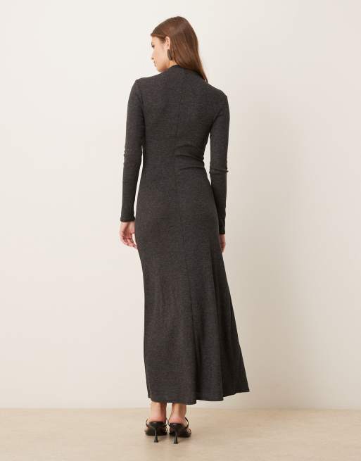 Mango - Hoogsluitende maxi-jurk met lange mouwen en gespdetail in antracietgrijs, 3 van 4