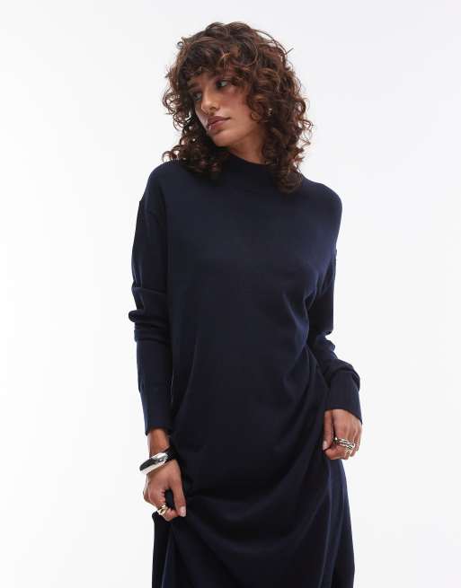 Mango Hoogsluitende maxi jurk met lange mouwen in marineblauw ASOS