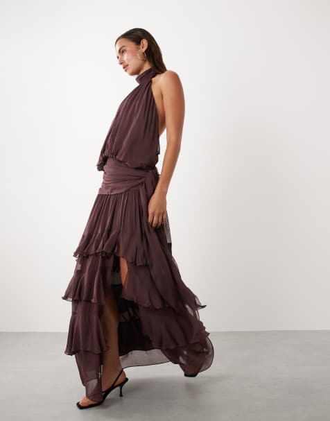 Mango - Hoogsluitende maxi jurk met open achterkant en ruches in bruin - view 1
