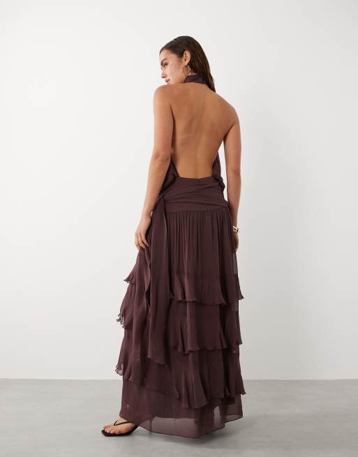 Mango - Hoogsluitende maxi jurk met open achterkant en ruches in bruin, 3 van 4
