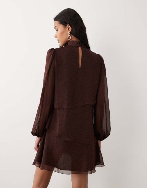 Mango - Hoogsluitende mini jurk met ruches in bruin met stippen, 3 van 4