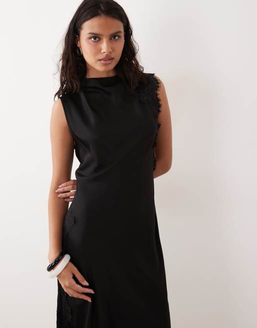 Mango - Hoogsluitende mouwloze maxi jurk met kanten detail in zwart, 2 van 4