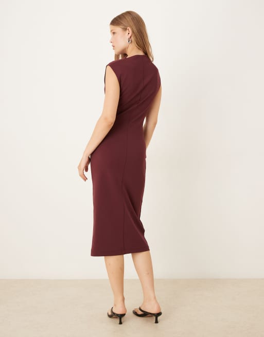 Mango - Hoogsluitende mouwloze midi-jurk met gerimpeld detail in donkerrood, 4 van 4