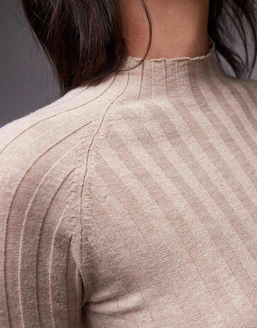 Mango - Hoogsluitende ribgebreide top in beige, 4 van 4