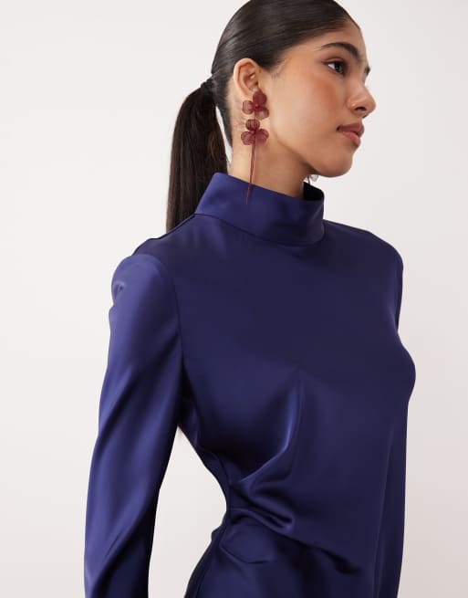 Mango - Hoogsluitende satijnen mini jurk met lange mouwen en gerimpelde zijkant in elektrisch blauw, 3 van 4