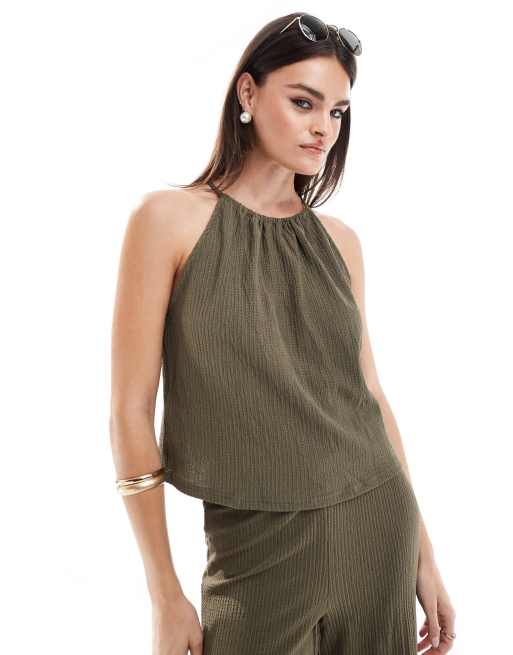 Mango - Hoogsluitende top van co-ord set met textuur in kaki
