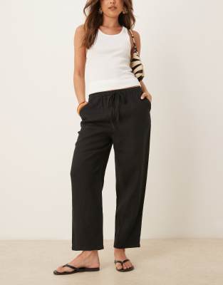 Mango - Hose aus Leinen in Schwarz mit geschnürter Taille