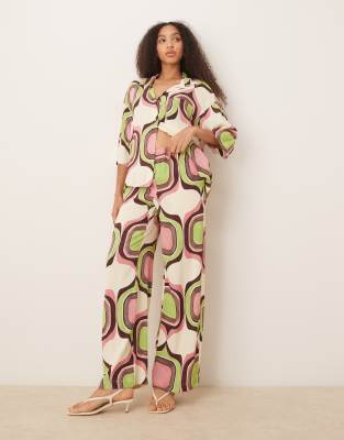 Mango - Hose in Beige mit abstraktem Retro-Geo-Print und weitem Bein, Kombiteil-Neutral