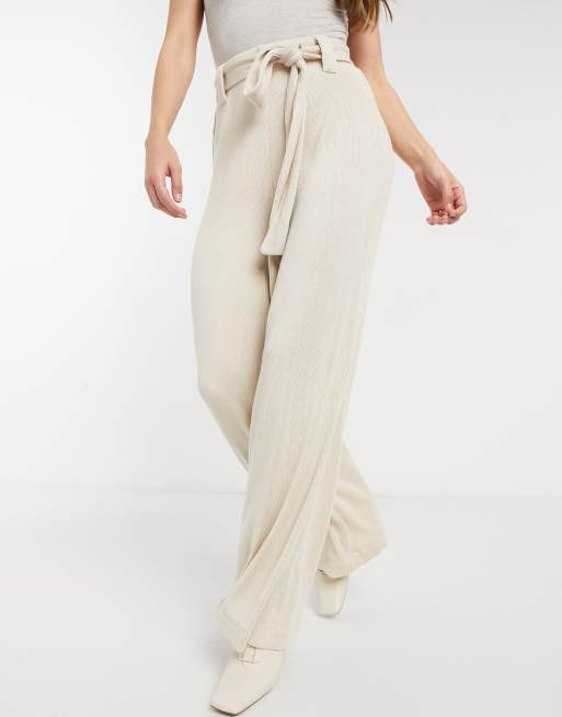 Mango – Hose in Beige mit weitem Bein und Bindegürtel