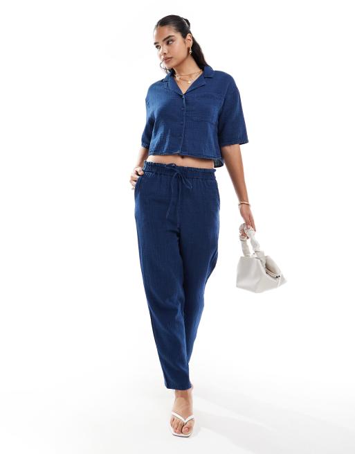Mango – Hose in blauer Jeans-Optik mit Taillenschnürung, Kombiteil